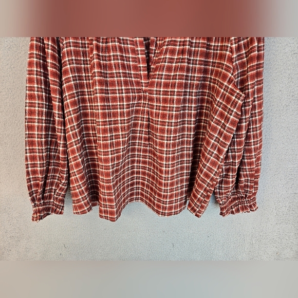 Tresure & Bond Womens Pull Over Top Sz L Rust Plaid Ballon Sleeves Relaxed Fit - Picture 4 of 11